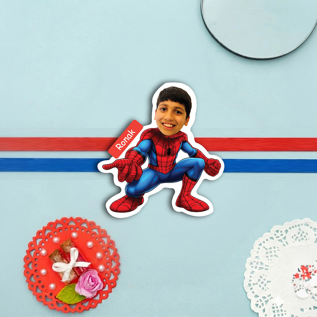 Photo Personalized Spiderman Caricature MDF Wood Kids Rakhi With Roli Chawal