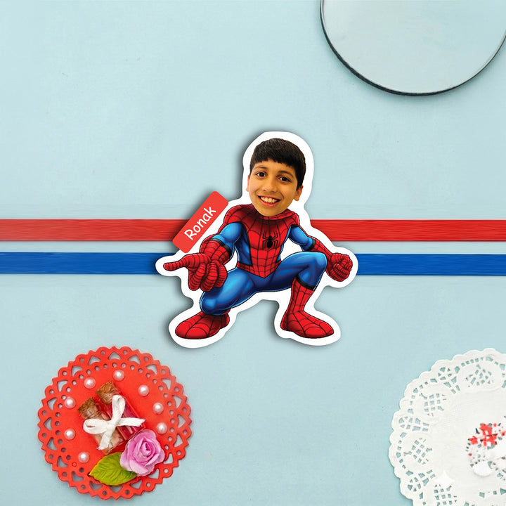 Photo Personalized Spiderman Caricature MDF Wood Kids Rakhi With Roli Chawal