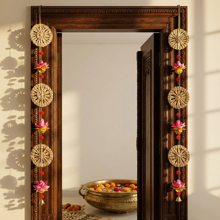 Set of 2 | "Pankhuri" Handcrafted Chamba Lotus Wall Hanging With Wooden Beads For Festive Decor