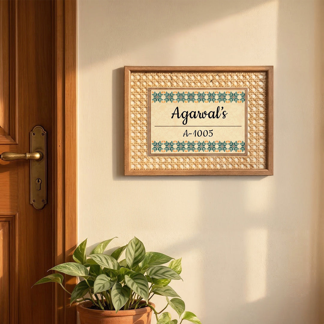 Handmade Traditional Floral Border Motif Rattan Name Plate With Wooden Frame