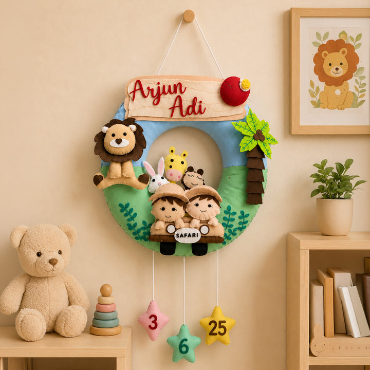 Personalized Jungle Safari Kids Felt Nameplate With Date Of Birth
