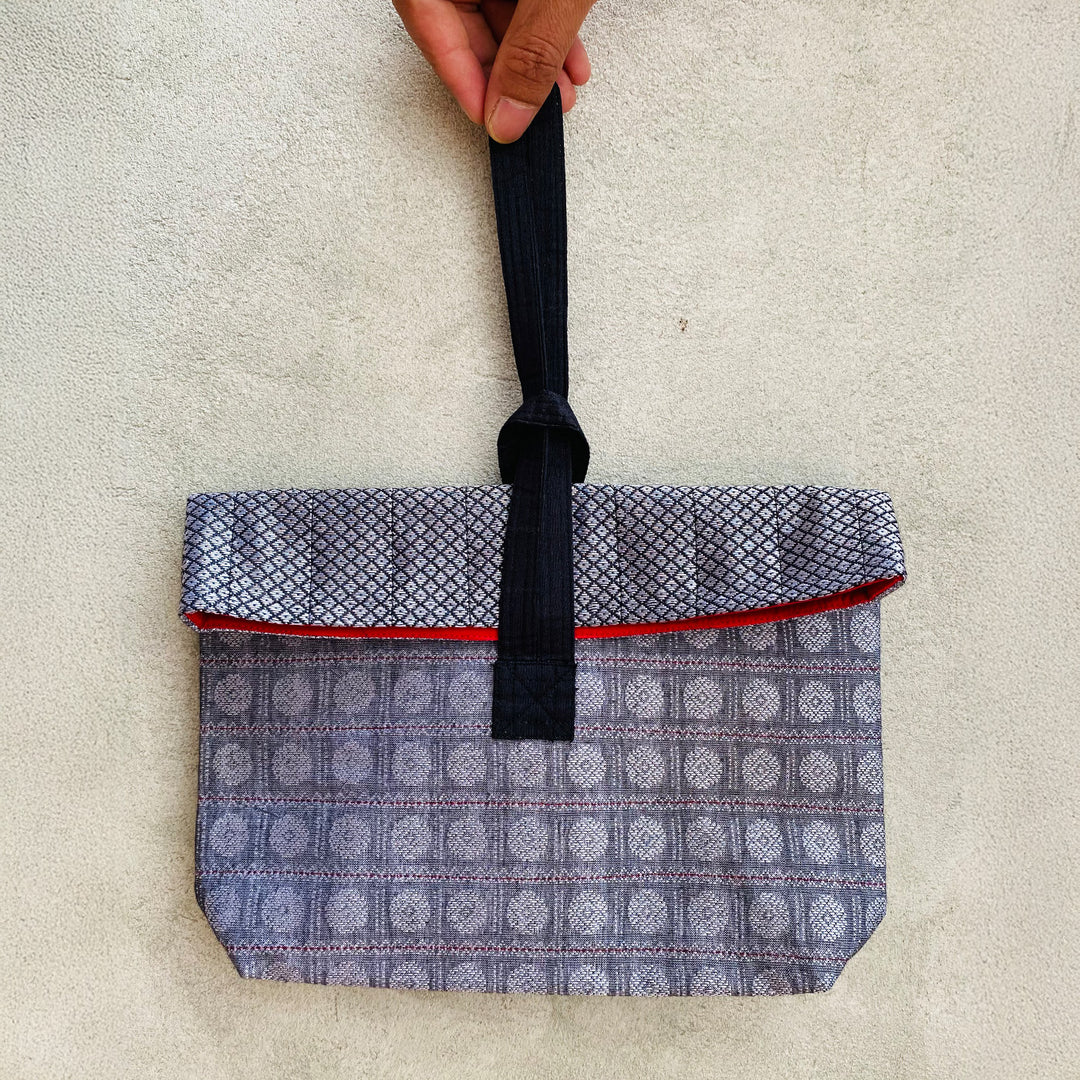 Handmade Grey Floral Khunn Fabric Cotton Wrist Purse