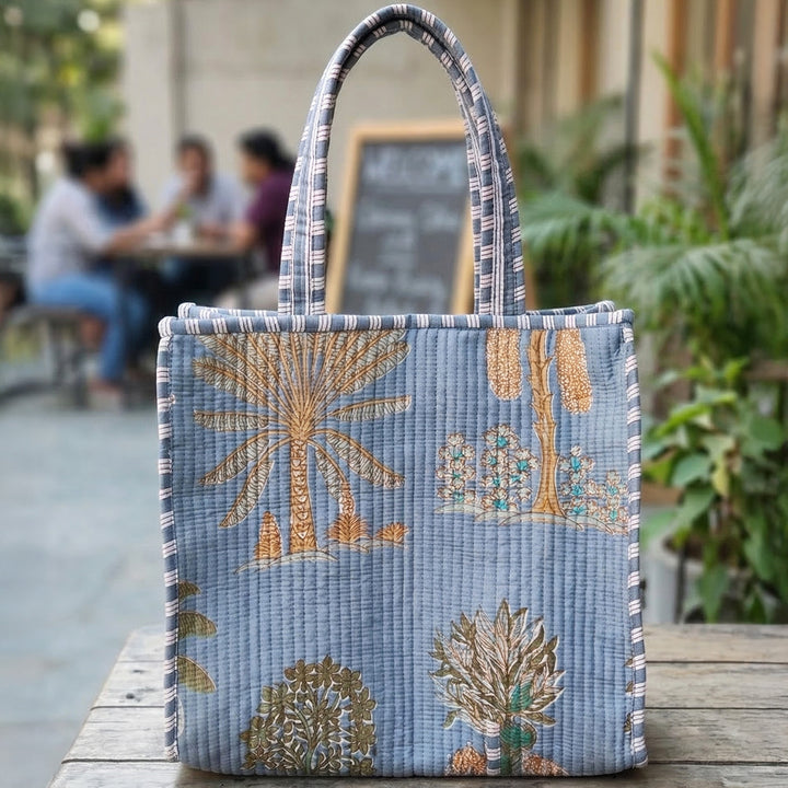Handmade Grey Sky Palm Cotton Tote Bag