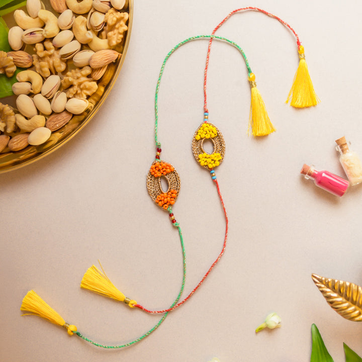 Intricate Beaded Crochet Sunshine Rakhi With Roli Chawal | Set of 2