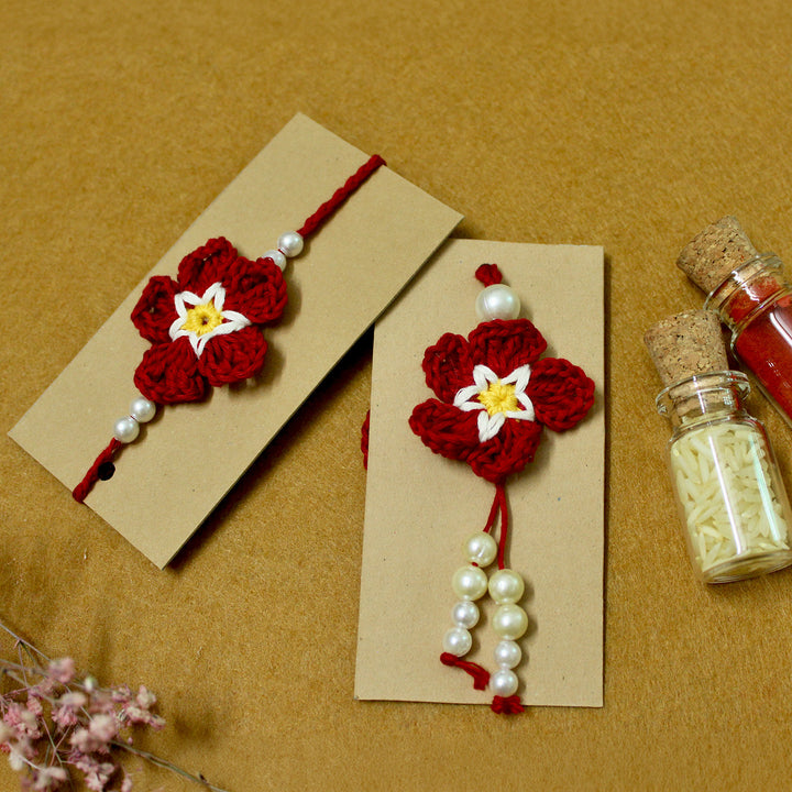 Handmade Crochet Cherry Blossom Couple Rakhi Lumba Set With Roli Chawal for Bhaiya Bhabhi | Set Of 2