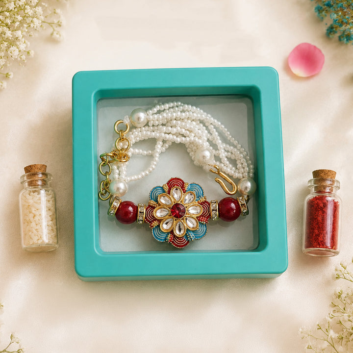Handmade Beaded Kundan Pearl Bracelet Rakhi With Roli Chawal For Brother