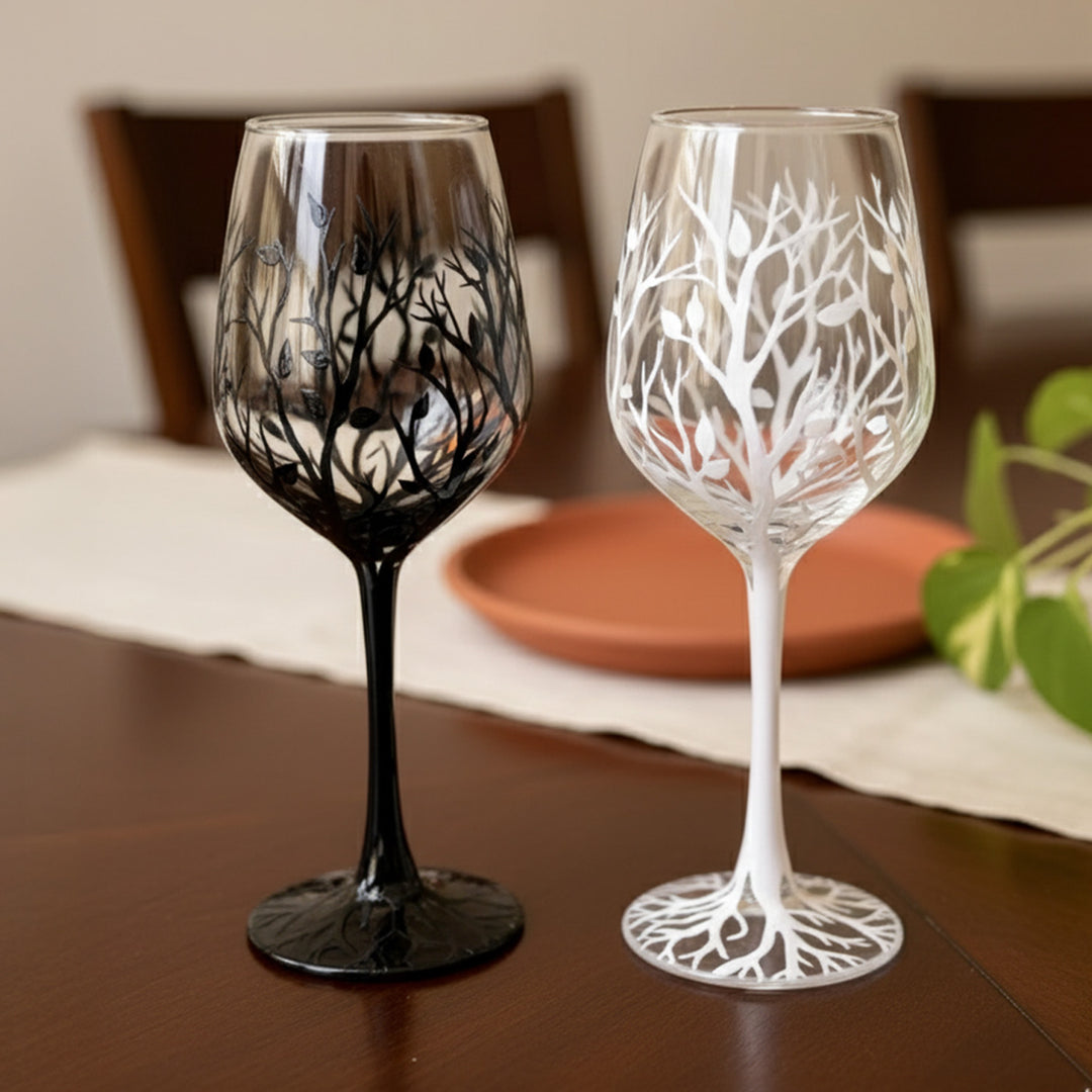 Hand-Painted Ebony & Ivory Wine Glasses | Set Of 2
