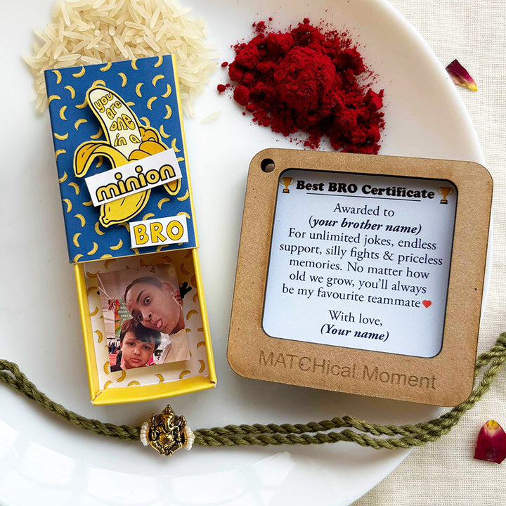 Personalized Photo "Minion" Theme Rakhi Gift for Little Brother | Rakhi, Matchbox Card & Photo Magnet Combo