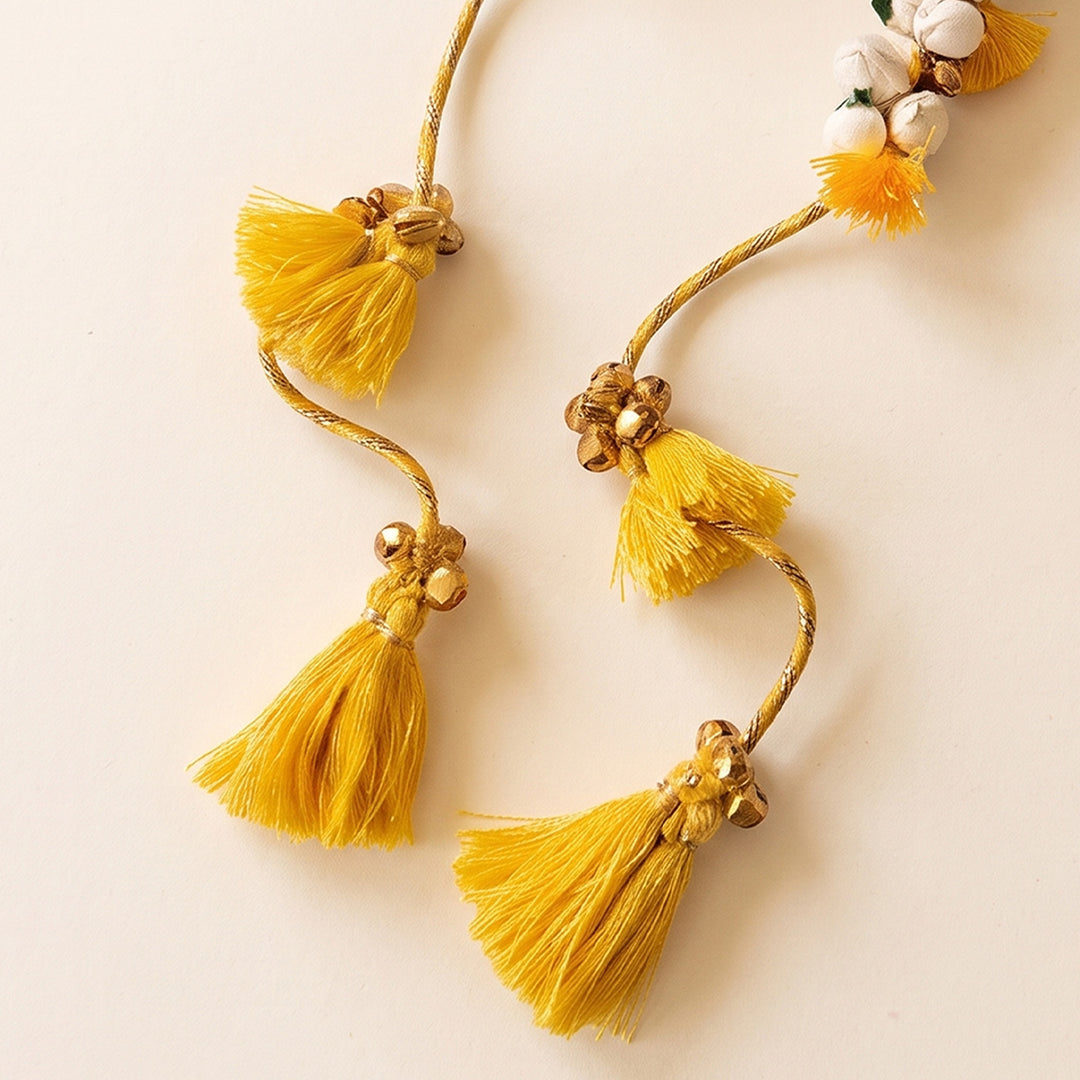Handcrafted Shola & Ghungroo Tassel Lumba Rakhi for Bhabhi - Yellow