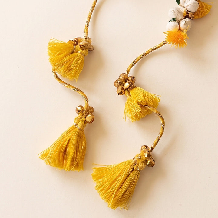 Handcrafted Shola & Ghungroo Tassel Lumba Rakhi for Bhabhi - Yellow