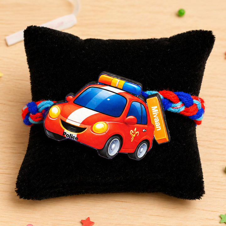 Personalized Reusable Police Car MDF Wood Rakhi With Roli Chawal