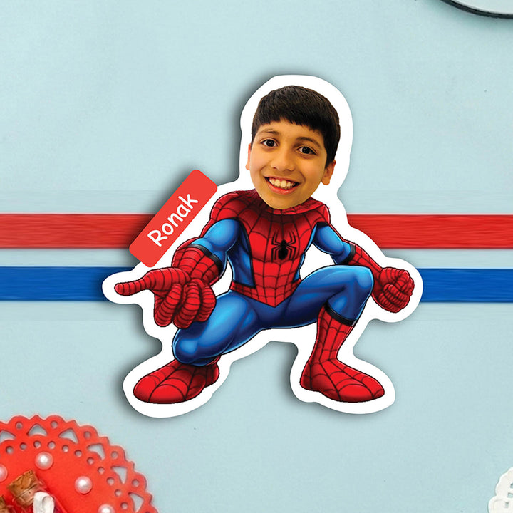 Photo Personalized Spiderman Caricature MDF Wood Kids Rakhi With Roli Chawal