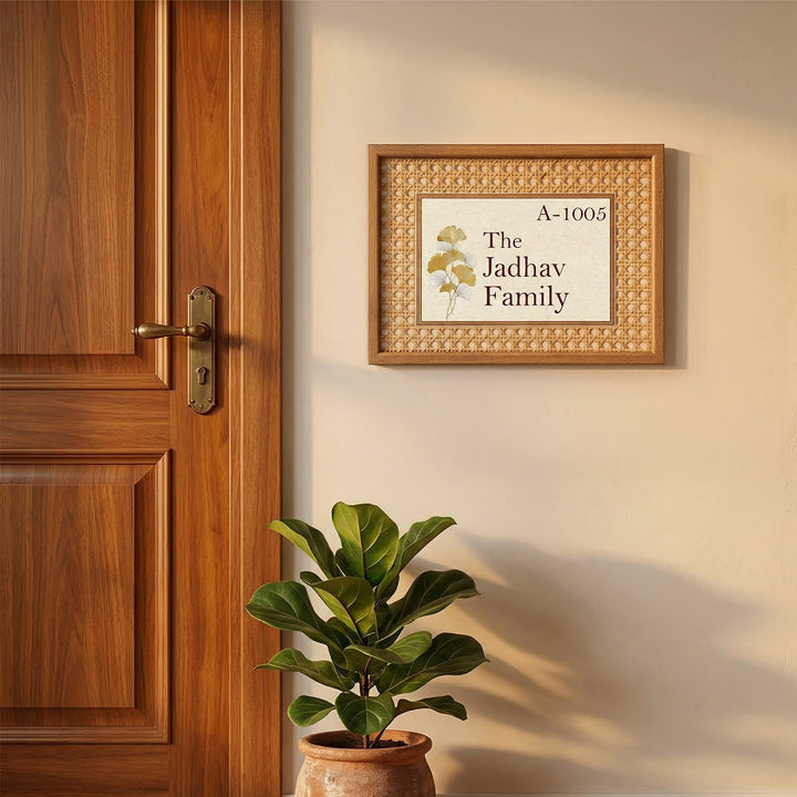 Handmade Ginkgo Leaf Motif Rattan Name Plate With Wooden Frame
