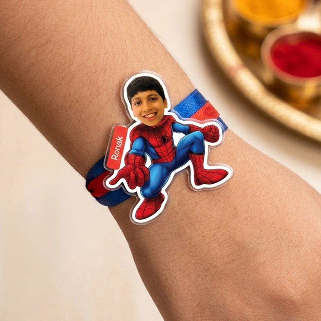 Photo Personalized Spiderman Caricature MDF Wood Kids Rakhi With Roli Chawal