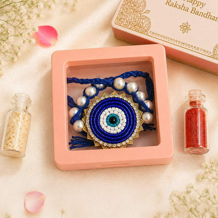 Handmade Beaded Evil Eye Pearl Rakhi With Roli Chawal For Brother