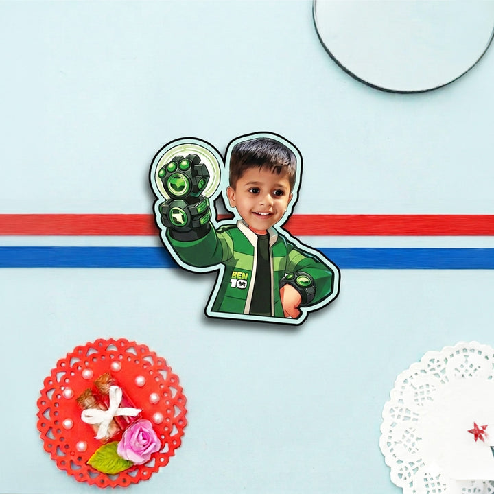 Reusable Personalized Ben 10 Photo Caricature Magnetic Rakhi With Roli Chawal For Brother