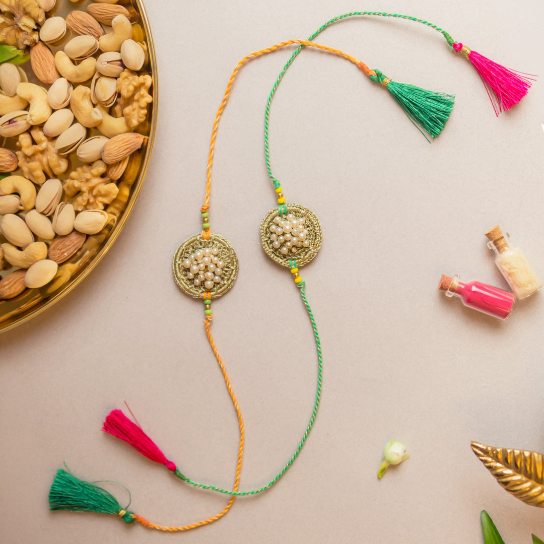 Intricate Beaded Crochet Pearl Knot Rakhi With Roli Chawal | Set of 2