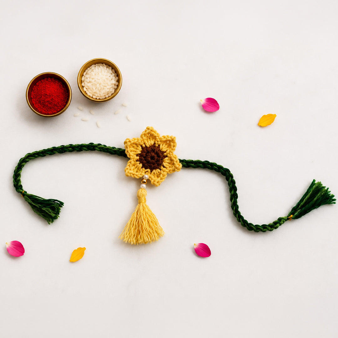 Handmade Crochet Sunflower Rakhi With Roli Chawal for Bhaiya