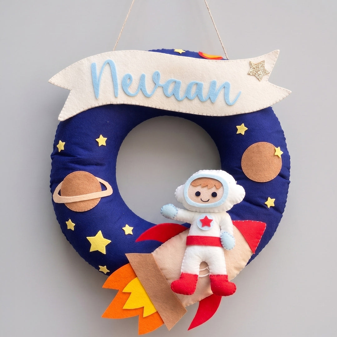 Handmade Astronaut On Rocket Felt Nameplate