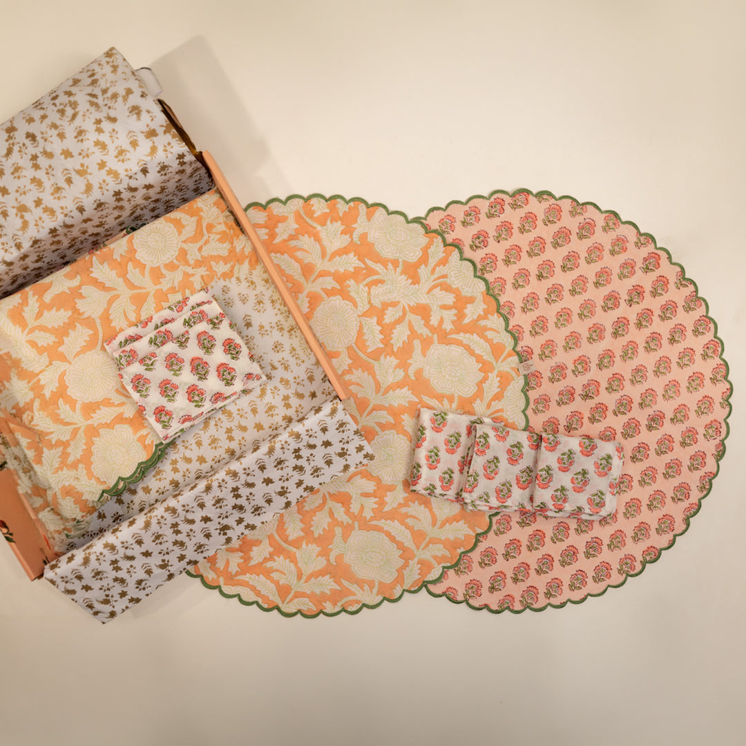 6 Pc | Peach Scalloped Reversible Hand Block Printed Dining Table Mat Set