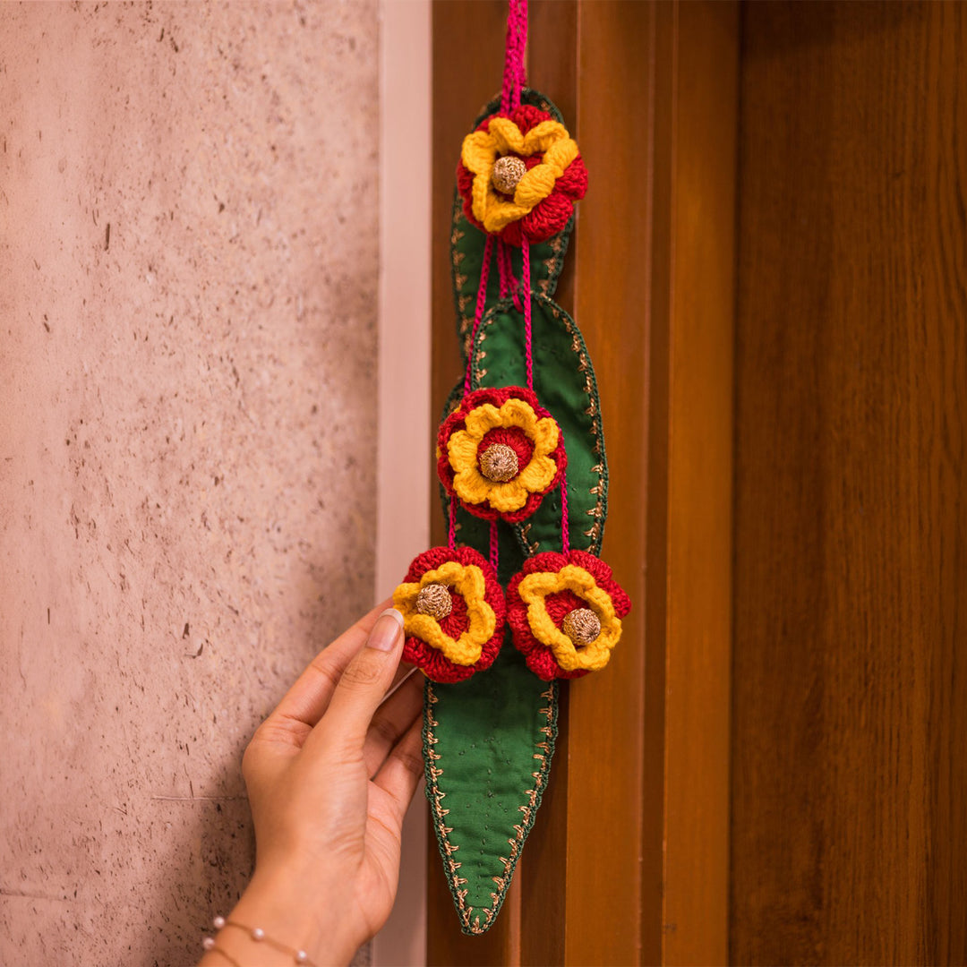 18 Inch | Set Of 2 Handmade Crochet Red & Yellow Floral Green Leaf Festive Door Side Hangings
