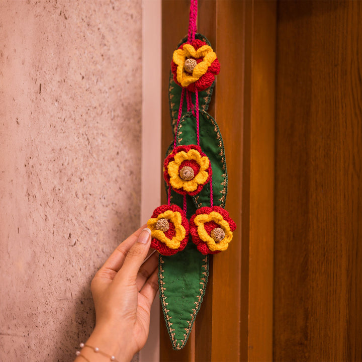 18 Inch | Set Of 2 Handmade Crochet Red & Yellow Floral Green Leaf Festive Door Side Hangings