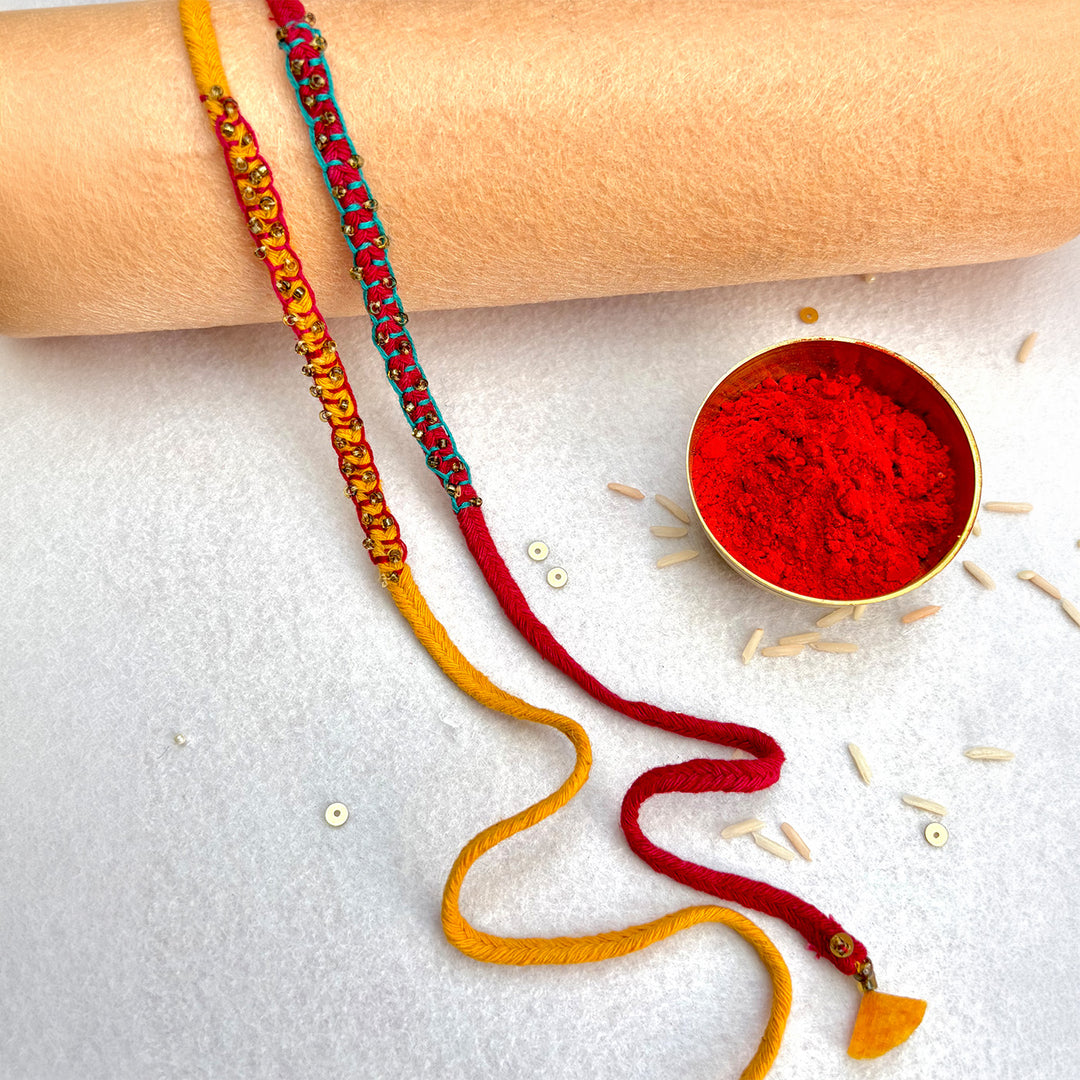 2 Pc | Hand Embroidered Beaded Blanket Stitch Rakhis With Roli Chawal For Brother