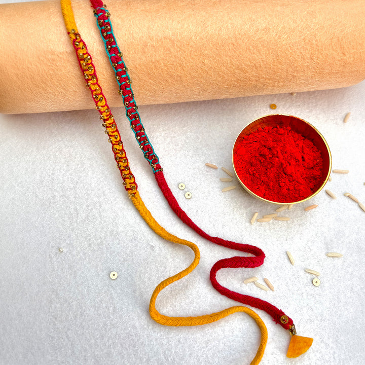 2 Pc | Hand Embroidered Beaded Blanket Stitch Rakhis With Roli Chawal For Brother
