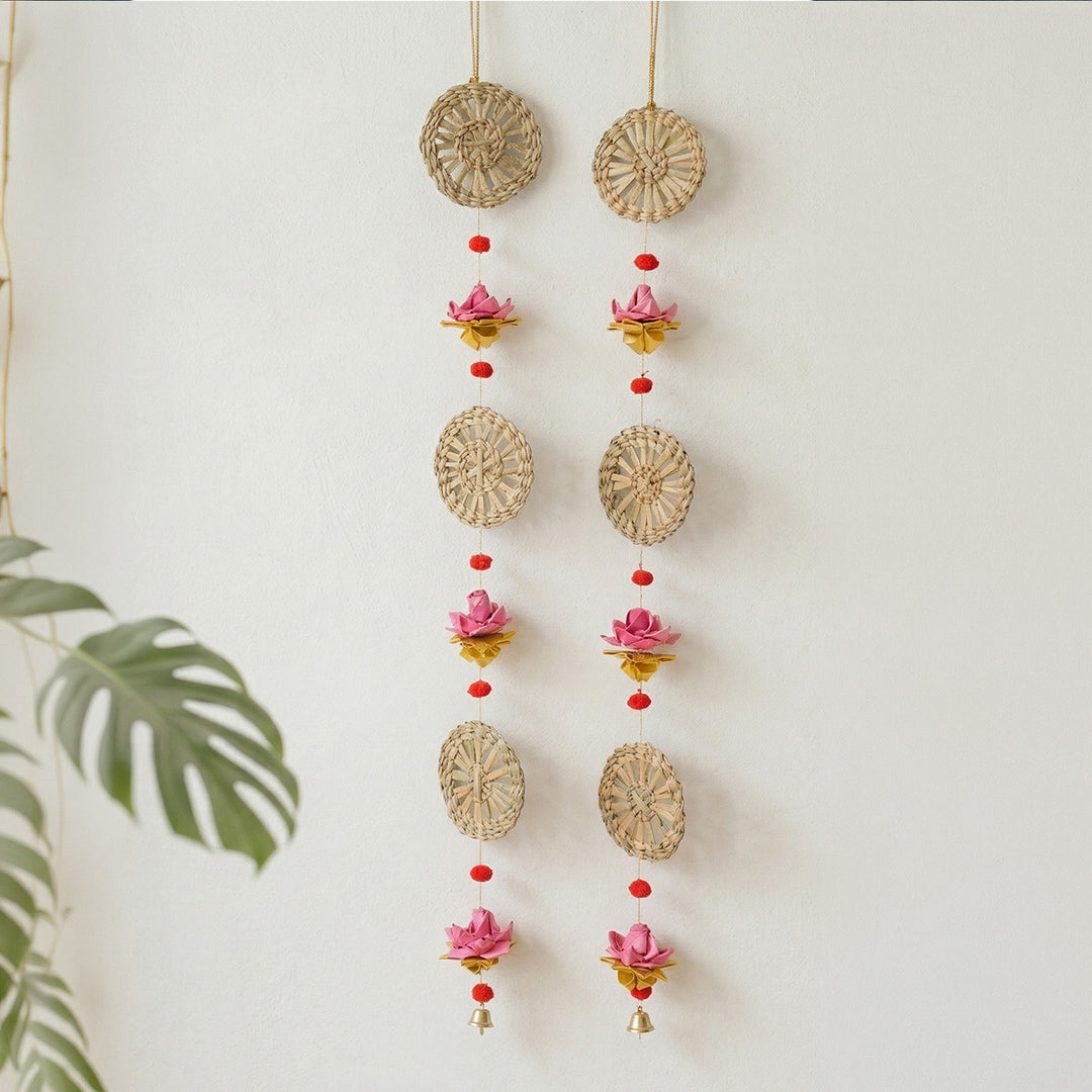 Set of 2 | "Pankhuri" Handcrafted Chamba Lotus Wall Hanging With Wooden Beads For Festive Decor