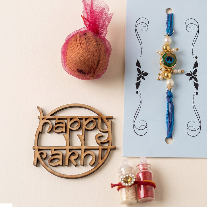 Handmade Evil Eye Peacock Blue Premium Agate Rakhi With Roli Chawal, Nariyal And Gift Box For Brother