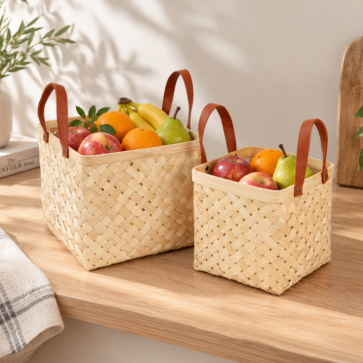 Set of 2 | "Eira" Handwoven Bamboo Basket With Rexine Handles For Home Storage & Gifting