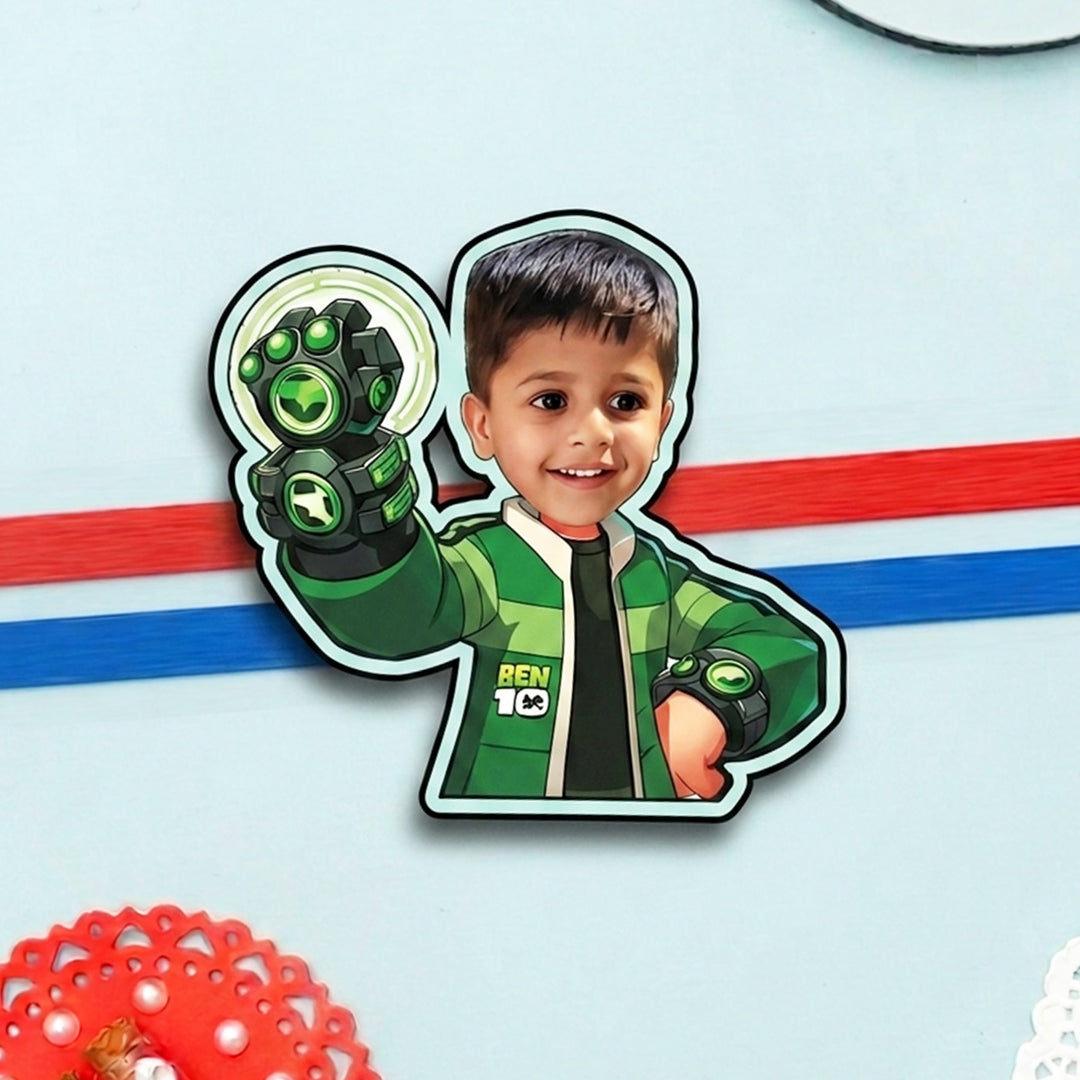 Reusable Personalized Ben 10 Photo Caricature Magnetic Rakhi With Roli Chawal For Brother