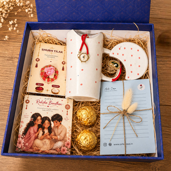 Crimson Ceramic Sipper Rakhi Hamper With Steel Straw & Roli Chawal For Brother