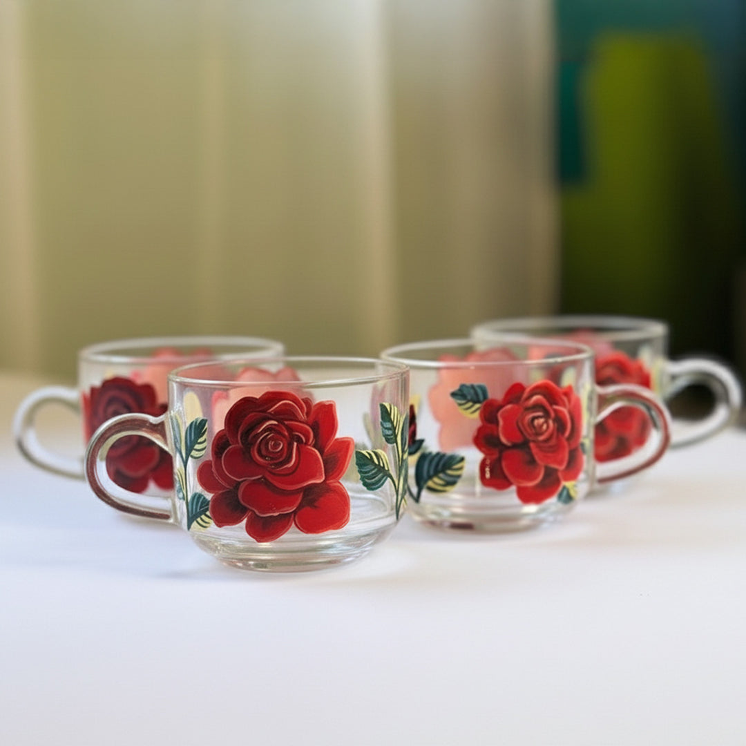 Hand-Painted Red Roses Glass Tea Cups