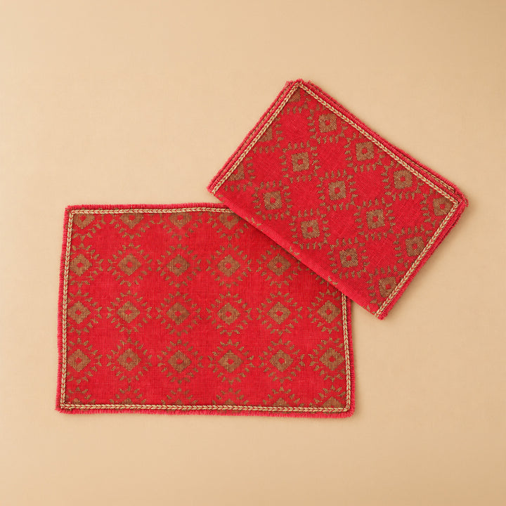 Handcrafted Red Screen Printed Jute Table Linen Gift Hamper With Gota Detailing For Festive Gifting