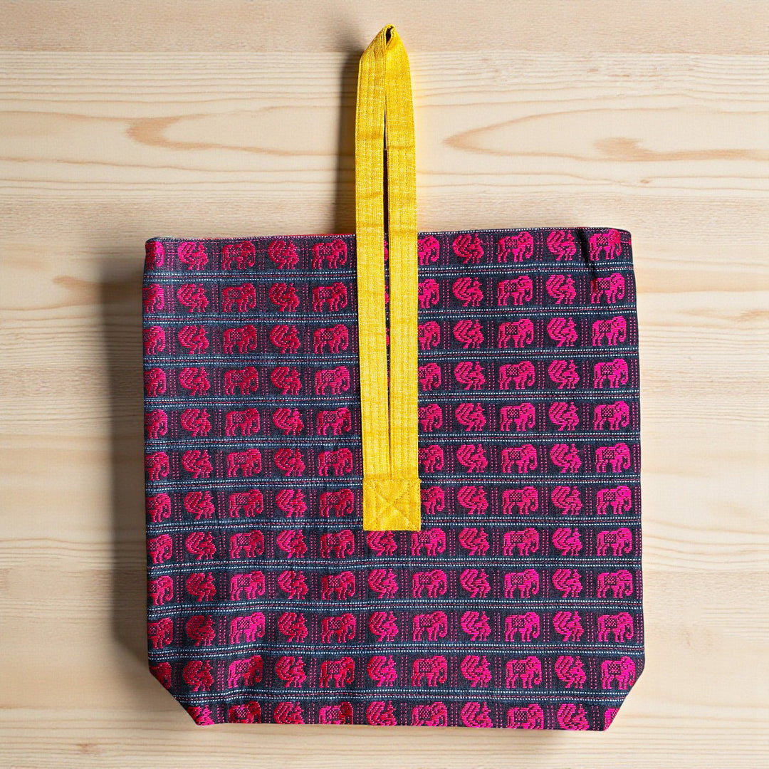 Handmade Pink Elephant & Peacock Motif Khunn Fabric Cotton Wrist Purse