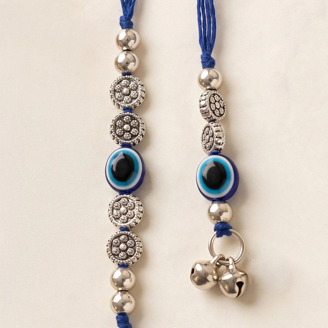 Handmade Evil Eye Blue Premium Agate Bhaiya Bhabhi Couple Rakhi & Lumba Set With Roli Chawal, Nariyal And Gift Box | Set of 2