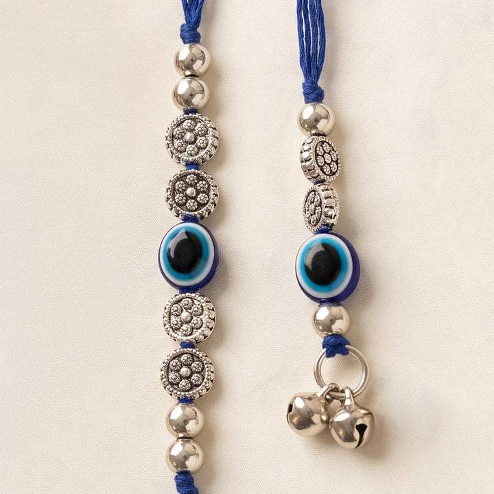 Handmade Evil Eye Blue Premium Agate Bhaiya Bhabhi Couple Rakhi & Lumba Set With Roli Chawal, Nariyal And Gift Box | Set of 2