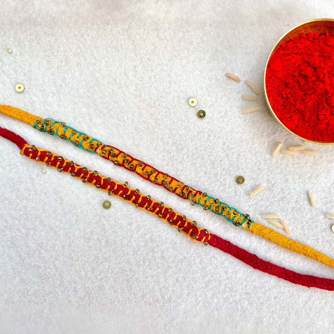 2 Pc | Hand Embroidered Beaded Blanket Stitch Rakhis With Roli Chawal For Brother