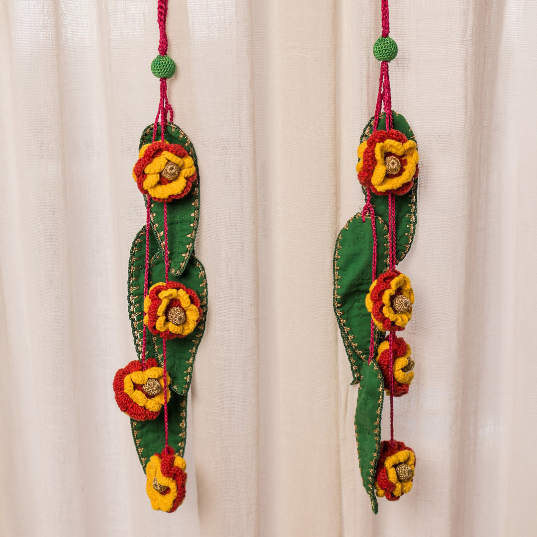 18 Inch | Set Of 2 Handmade Crochet Red & Yellow Floral Green Leaf Festive Door Side Hangings