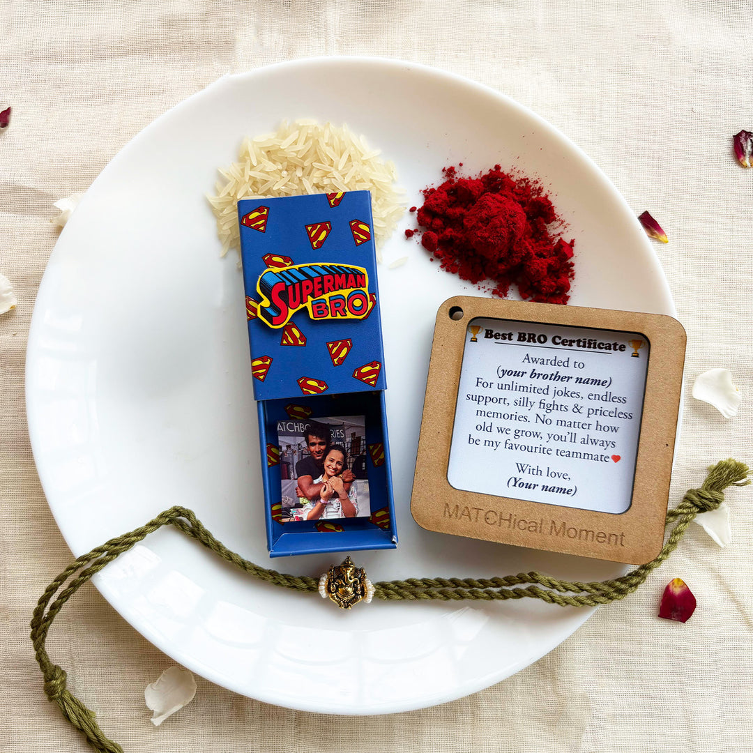 Personalized Photo "Superhero" Theme Rakhi Gift for Brother | Rakhi, Matchbox Card & Photo Magnet Combo