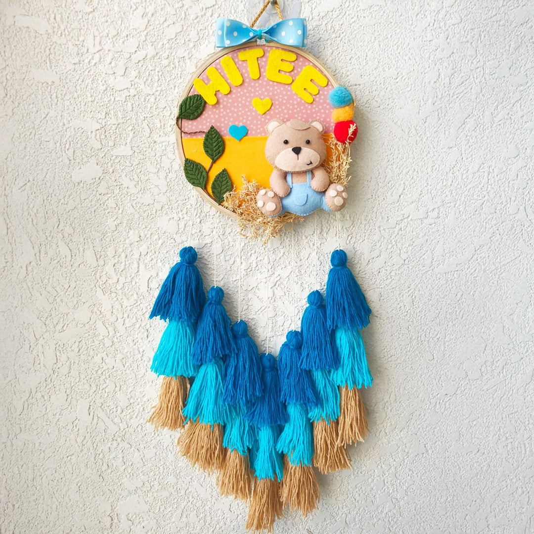 Personalized Blue Teddy Theme Kids Name Plate With Tassels
