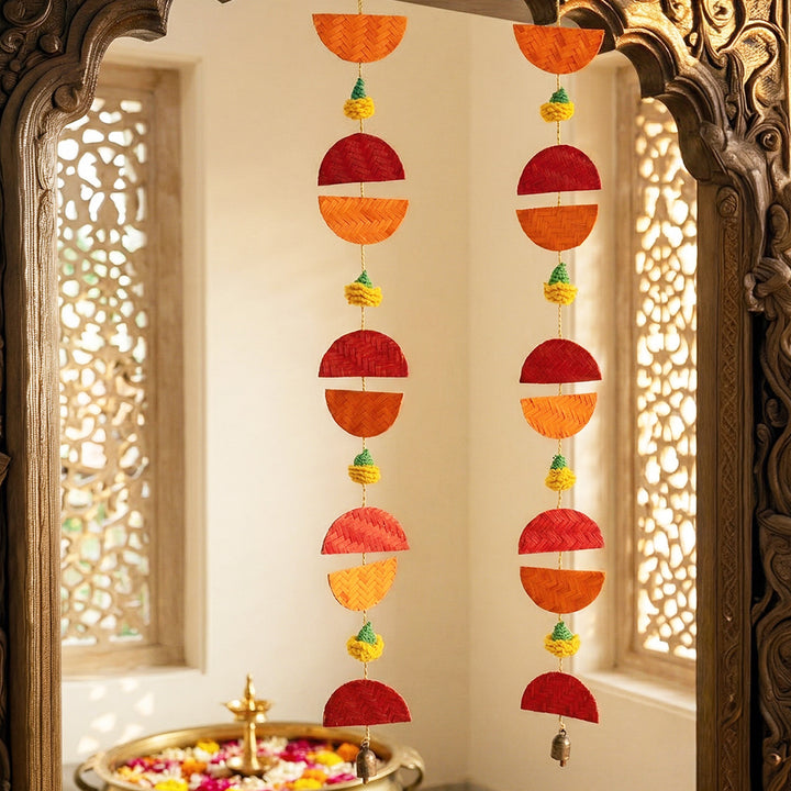 Set of 2 | "Aarunya" Handcrafted Bamboo Sunrise Wall Hanging With Metal Bells For Festive Decor
