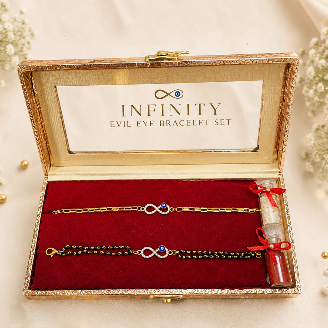 Handmade Beaded Infinity Evil Eye Couple Rakhi Set With Roli Chawal For Bhaiya Bhabhi | Set of 2