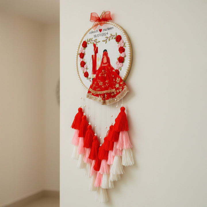 Personalized Embroidered Red & Pink Wedding Plaque With Tassels