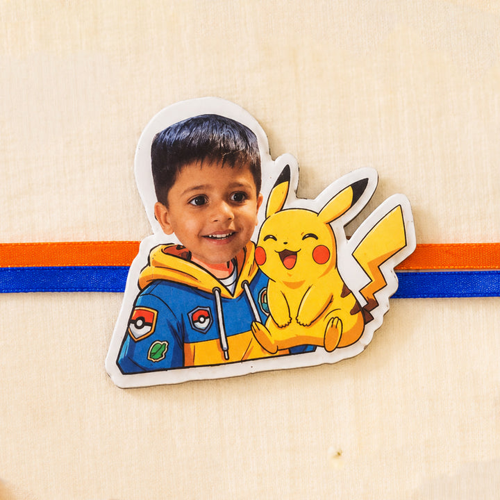 Reusable Personalized Pokemon Photo Caricature Magnetic Rakhi With Roli Chawal For Brother