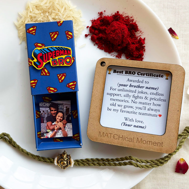 Personalized Photo "Superhero" Theme Rakhi Gift for Brother | Rakhi, Matchbox Card & Photo Magnet Combo