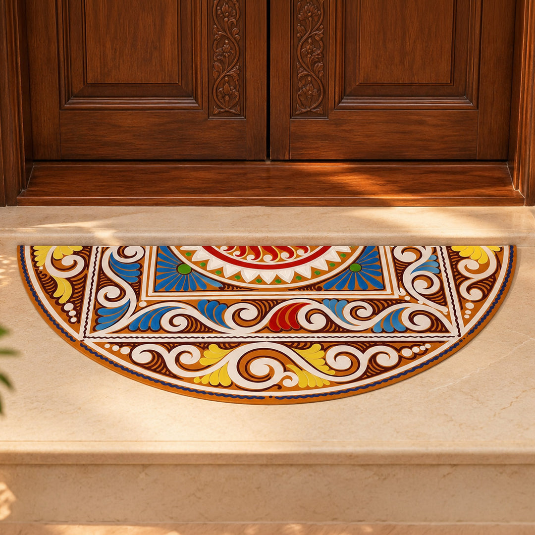 24 Inch | Reusable Handmade Chaitri Semicircle Fabric Rangoli Mat for Festive Entrance Decor