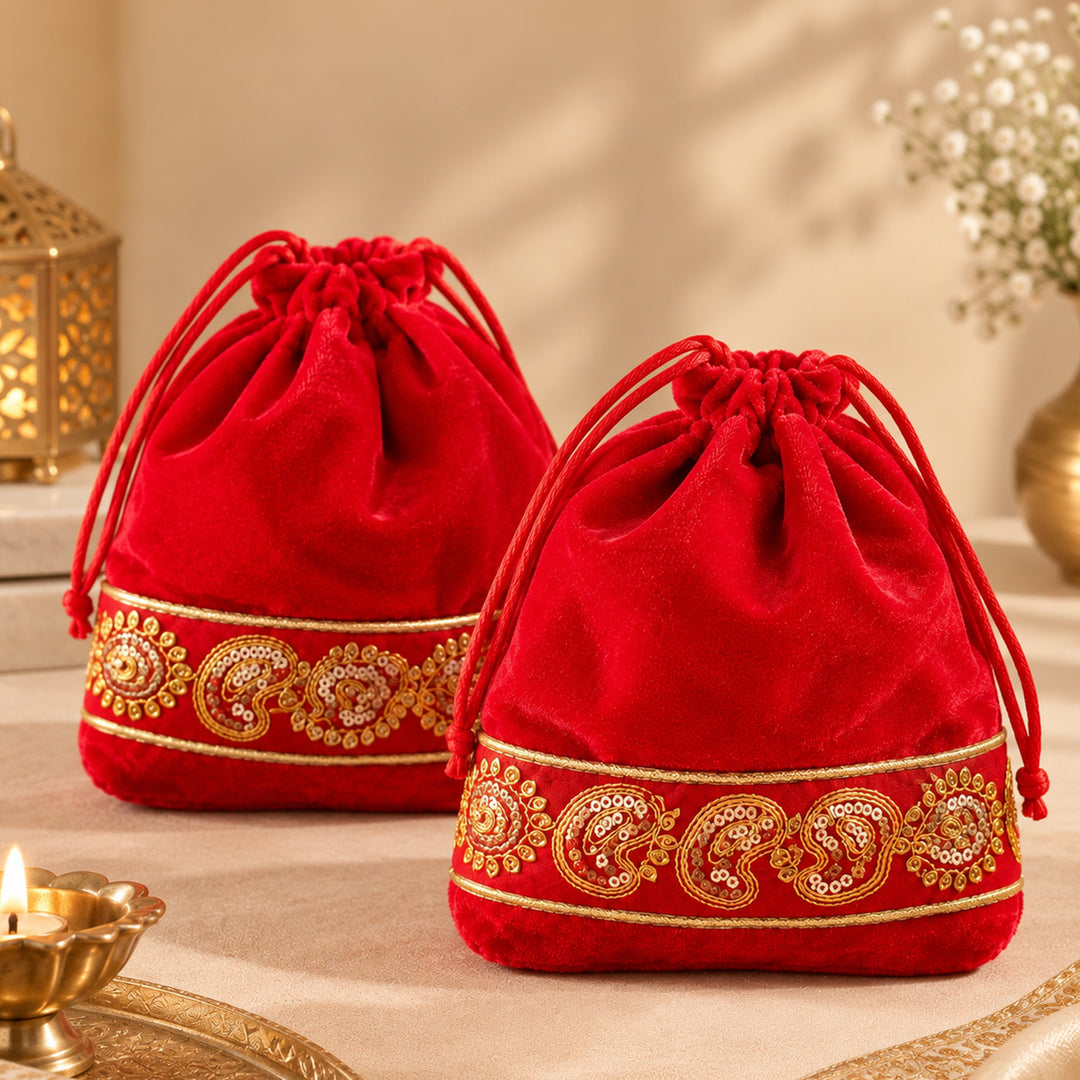 Set of 2 | Handmade Red Traditional Suede Potli For Festive Gifting