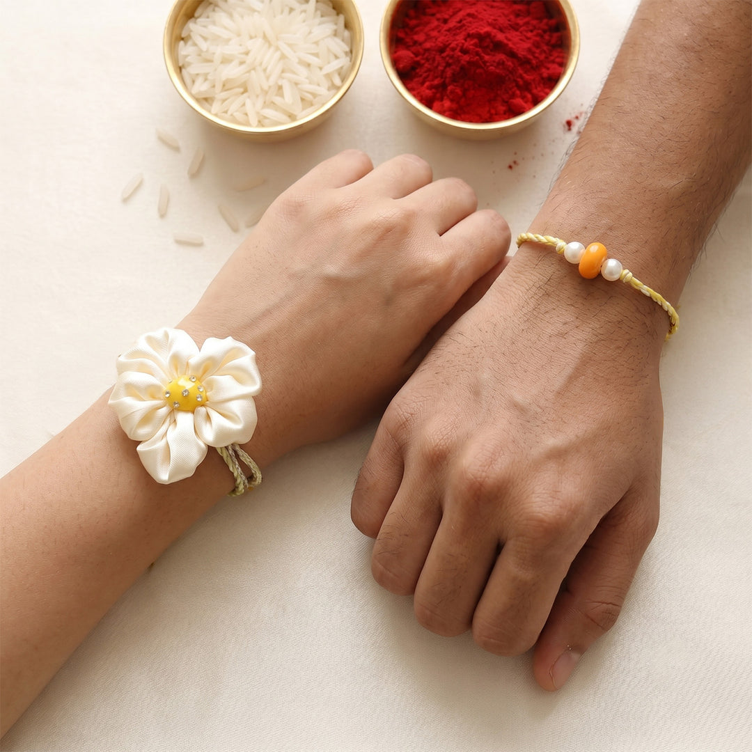 Handmade Daisy Phool Floral Couple Rakhi Lumba Set With Roli Chawal For Bhaiya Bhabhi